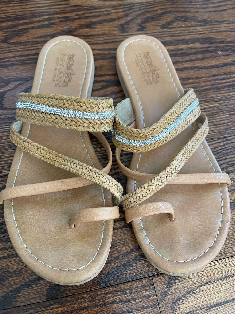 Coach and Four Tan Braided Leather Slide Sandals